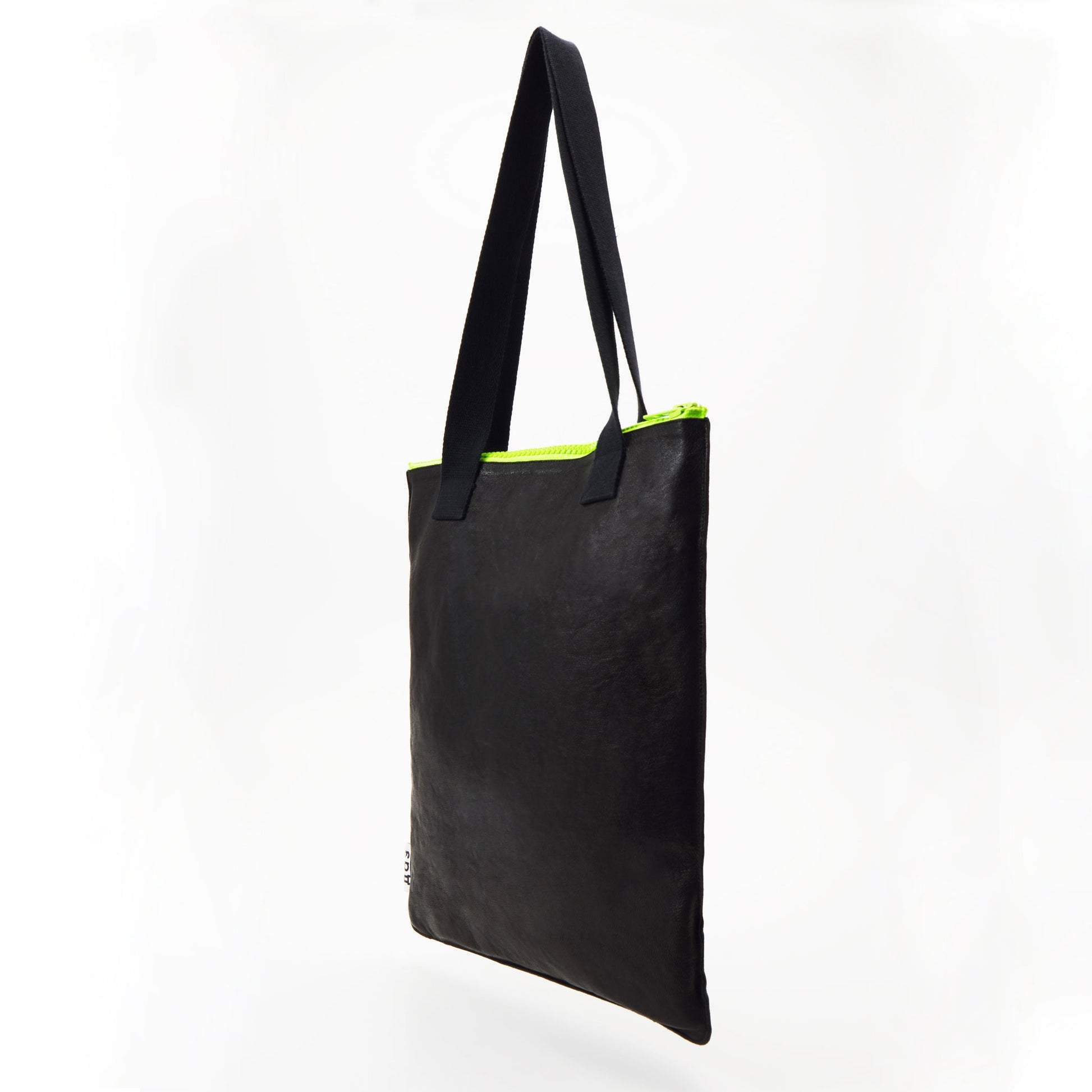 Handmade Leather Tote - Black With Neon Zipper